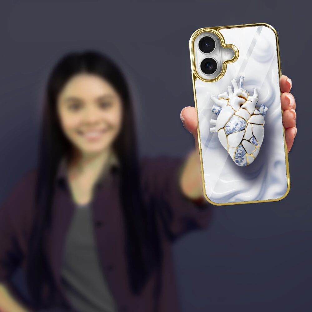 Etui do iPhone 16 Plus IBIZU Elite Glass z MagSafe, Kintsugi Art, porcelanowe serce, złote - obrazek 4