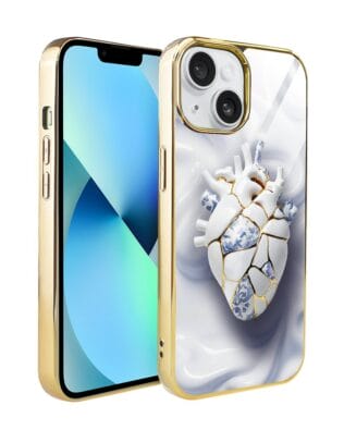 Etui do iPhone 13 IBIZU Elite Glass, szklany tył, Kintsugi Art, porcelanowe serce, złote