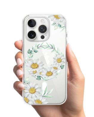 Etui do iPhone 14 Pro z MagSafe przeźroczyste, silikonowe Flexi, wianek stokrotek