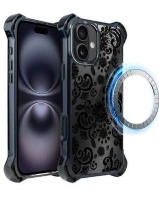 Etui do iPhone 16 IBIZU DropGuard Ultra z MagSafe, Midnight, Koronkowa czerń