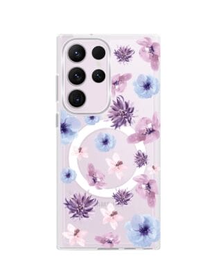 Etui do Samsung Galaxy S23 Ultra z MagSafe przeźroczyste, silikonowe Flexi, kwiatki niebieskie, fioletowe