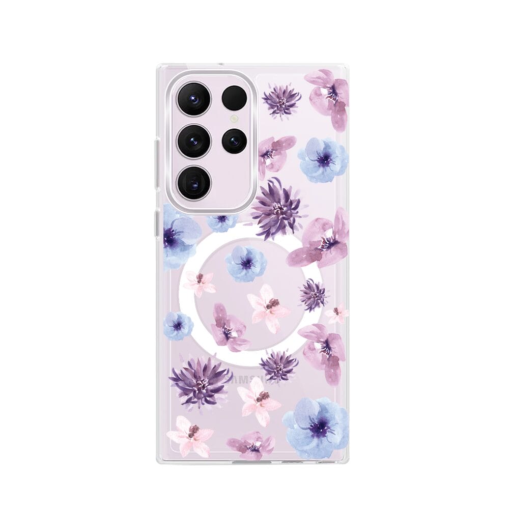 Etui do Samsung Galaxy S23 Ultra z MagSafe przeźroczyste, silikonowe Flexi, kwiatki niebieskie, fioletowe