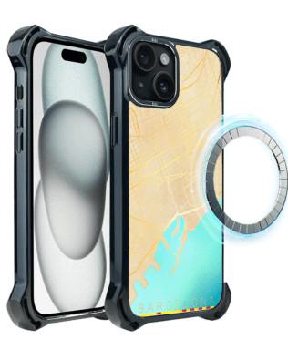 Etui do iPhone 15 IBIZU DropGuard Ultra z MagSafe, mapy świata, Barcelona