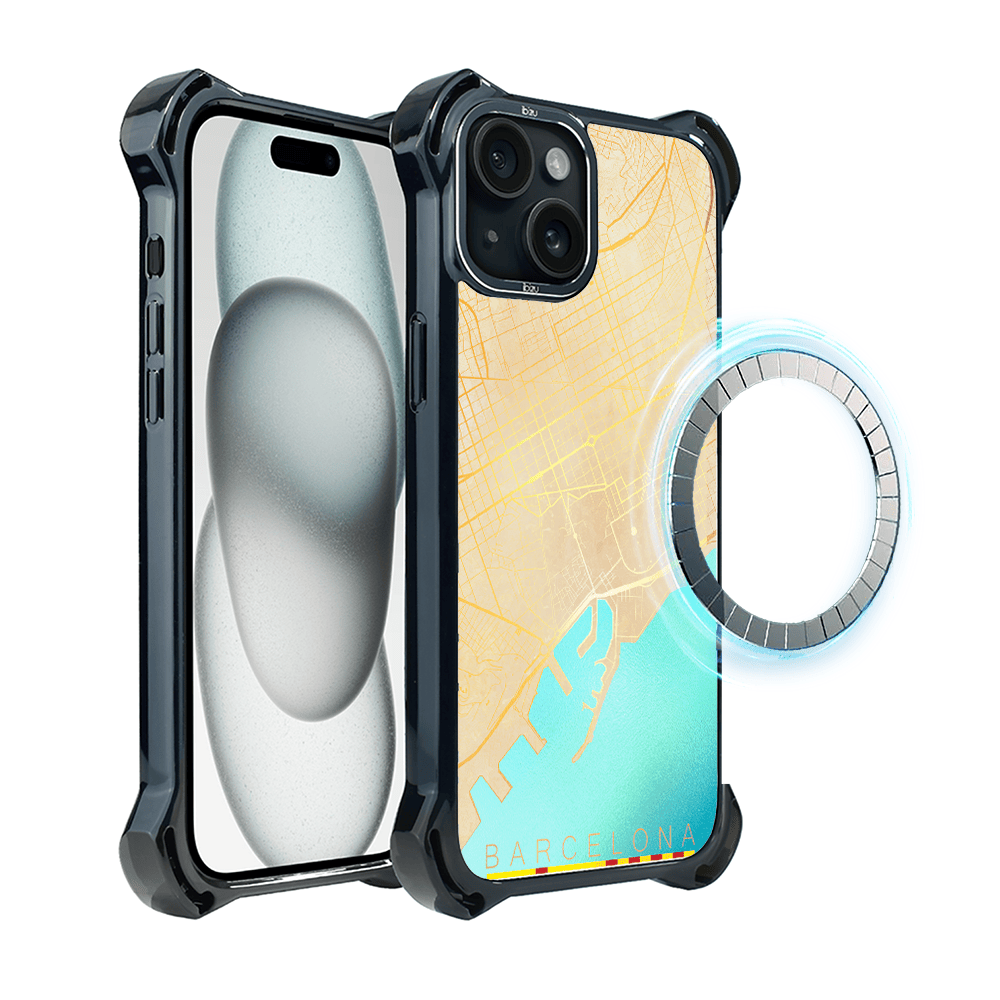 Etui do iPhone 15 IBIZU DropGuard Ultra z MagSafe, mapy świata, Barcelona