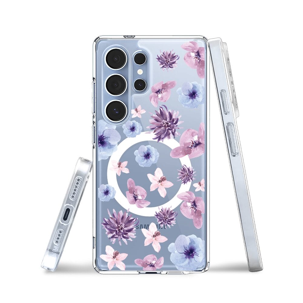 Etui do Samsung Galaxy S25 Ultra z MagSafe przeźroczyste, silikonowe Flexi, kwiatki niebieskie, fioletowe - obrazek 3
