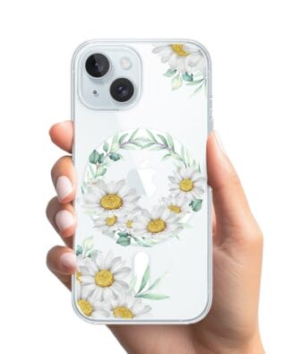 Etui do iPhone 15 Plus z MagSafe przeźroczyste, silikonowe Flexi, wianek stokrotek