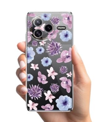 Etui do Xiaomi POCO F7 Ultra przeźroczyste, silikonowe Flexi, kwiatki niebieskie, fioletowe