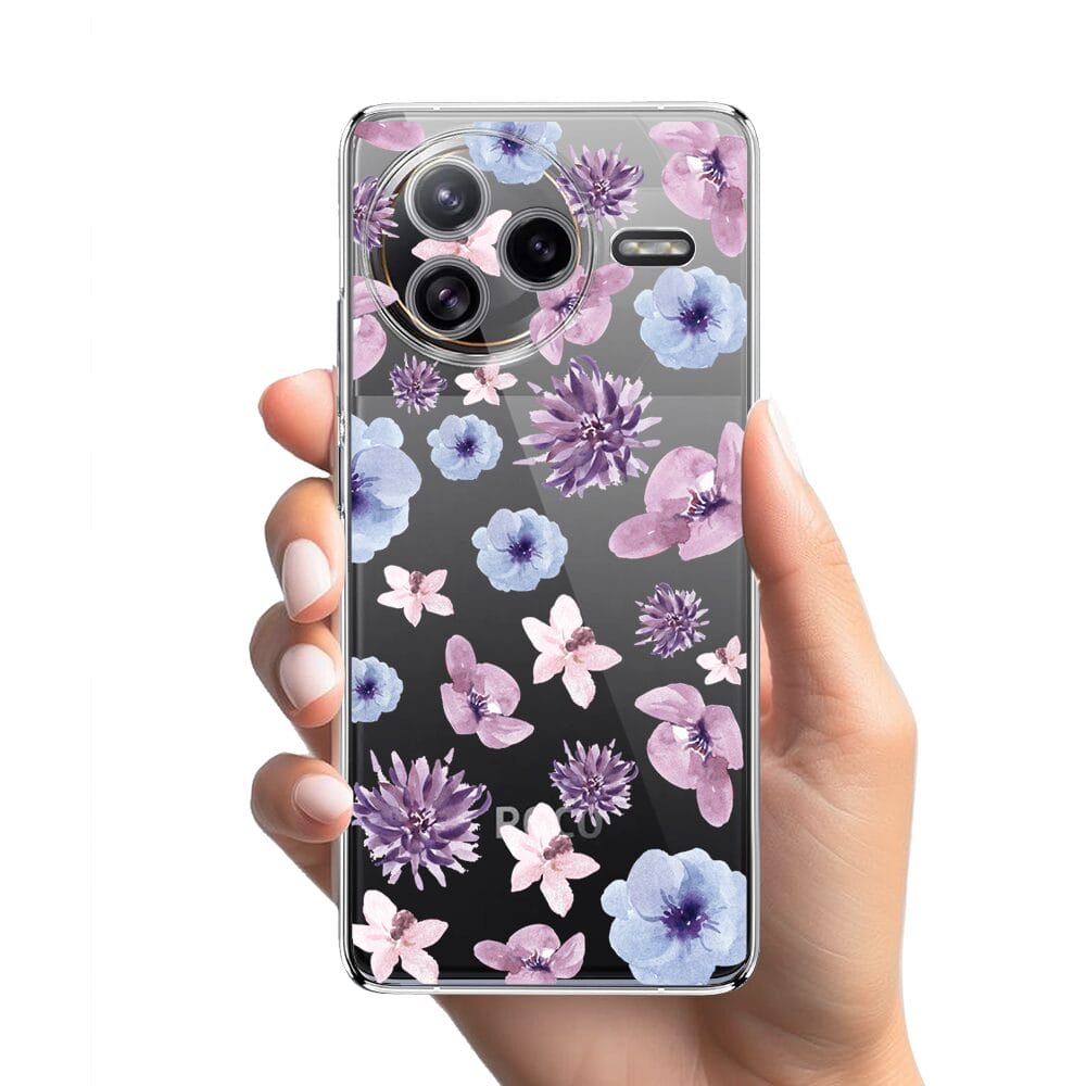 Etui do Xiaomi POCO F7 Ultra przeźroczyste, silikonowe Flexi, kwiatki niebieskie, fioletowe - obrazek 2