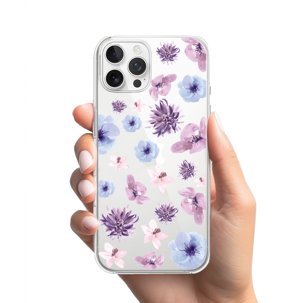 Etui do iPhone 12 Pro Max przeźroczyste, silikonowe Flexi, kwiatki niebieskie, fioletowe - obrazek 2