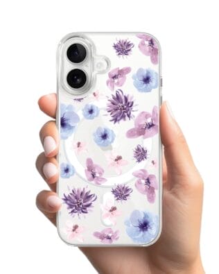 Etui do iPhone 16 Plus z MagSafe przeźroczyste, silikonowe Flexi, kwiatki niebieskie, fioletowe