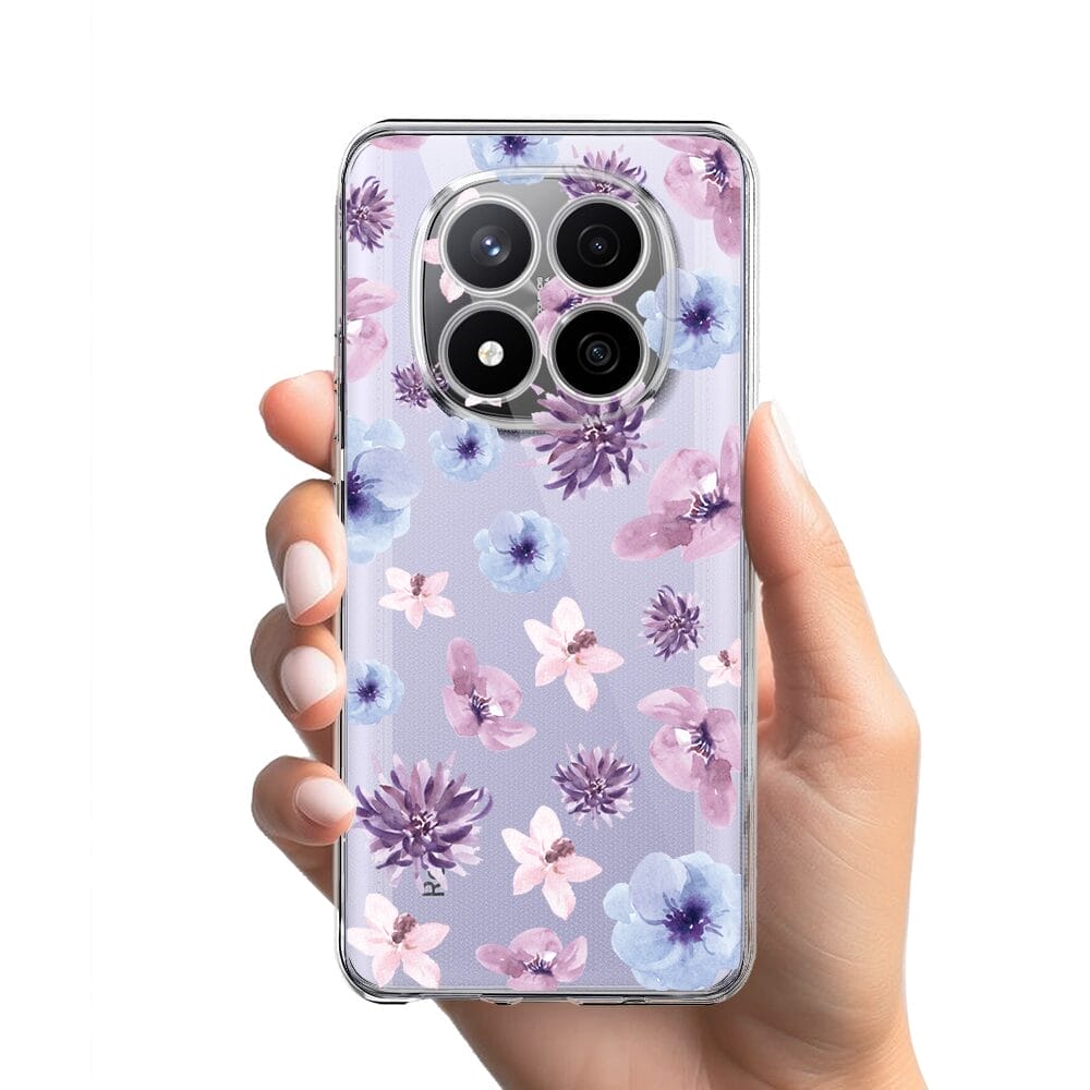 Etui do Xiaomi Redmi Note 14 Pro 4G przeźroczyste, silikonowe Flexi, kwiatki niebieskie, fioletowe - obrazek 2