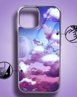 Etui do iPhone 15 IBIZU Elite Glass, szklany tył, chmurki i księżyc, srebrne