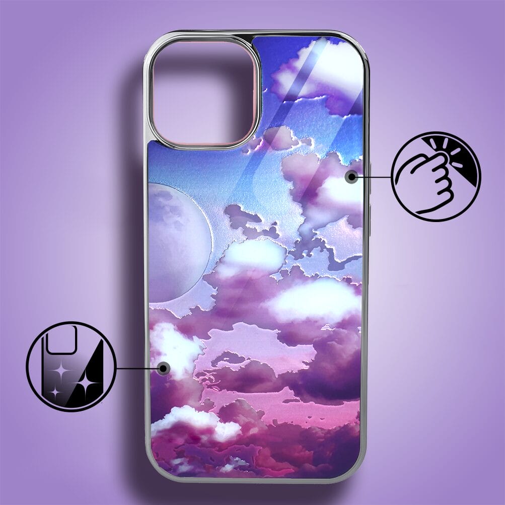 Etui do iPhone 15 IBIZU Elite Glass, szklany tył, chmurki i księżyc, srebrne - obrazek 2