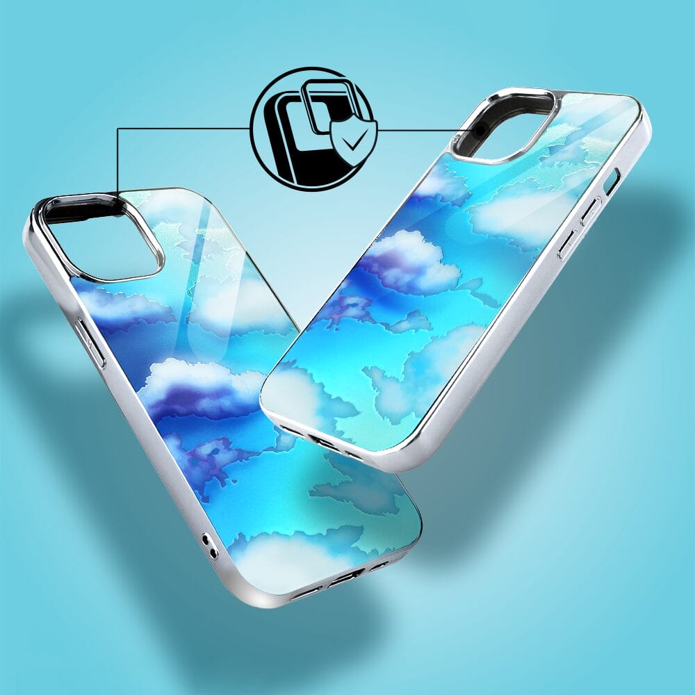 Etui do iPhone 14 IBIZU Elite Glass, szklany tył, chmurki, srebrne - obrazek 4