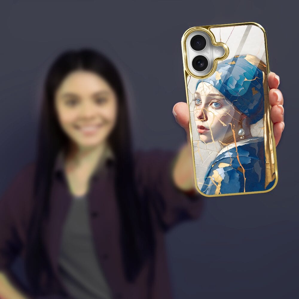 Etui do iPhone 16 Plus IBIZU Elite Glass z MagSafe, Kintsugi Art, kobieta z perłą, złote - obrazek 4