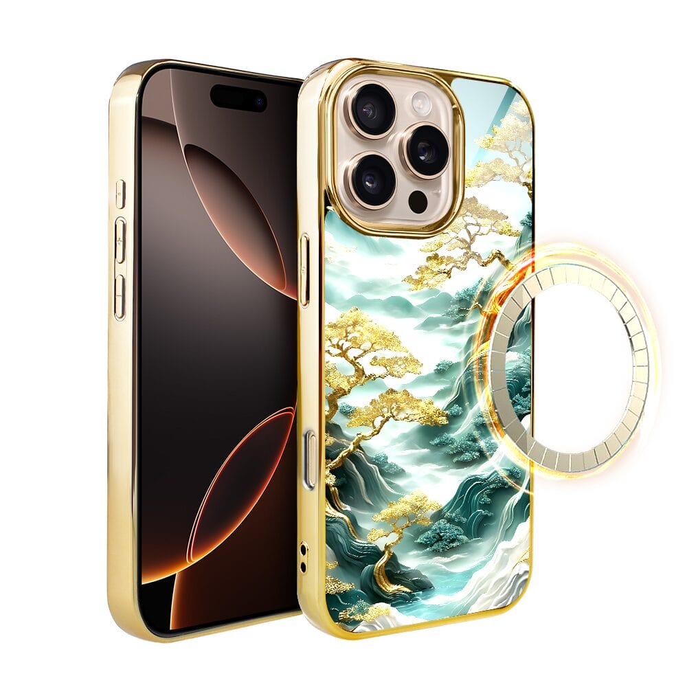 Etui do iPhone 16 Pro Max IBIZU Elite Glass z MagSafe Magia Azji złote drzewa w stylu japońskim, złote