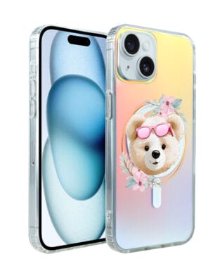 Etui do iPhone 15 IBIZU California Sunset z MagSafe, zmieniające kolor, Flower Queen, miś z kwiatami