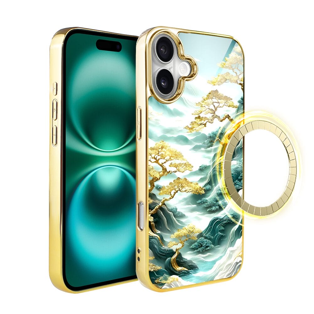 Etui do iPhone 16 Plus IBIZU Elite Glass z MagSafe Magia Azji złote drzewa w stylu japońskim, złote