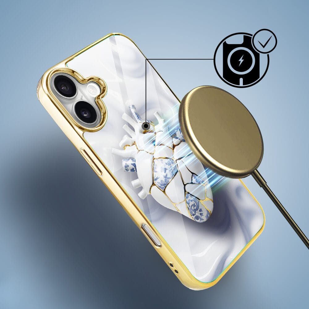 Etui do iPhone 16 Plus IBIZU Elite Glass z MagSafe, Kintsugi Art, porcelanowe serce, złote - obrazek 3