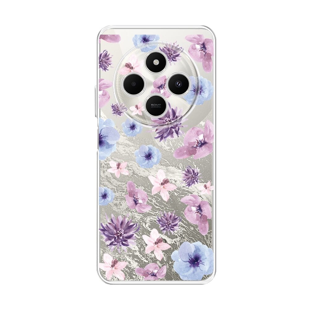 Etui do Xiaomi POCO C75 przeźroczyste, silikonowe Flexi, kwiatki niebieskie, fioletowe