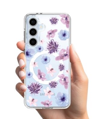 Etui do Samsung Galaxy S24 FE z MagSafe przeźroczyste, silikonowe Flexi, kwiatki niebieskie, fioletowe