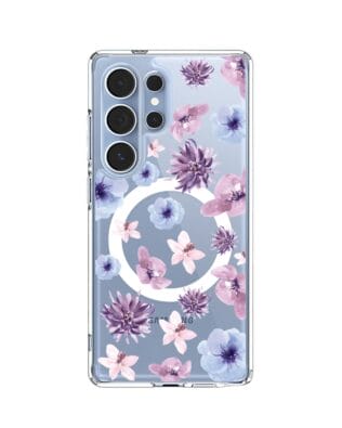 Etui do Samsung Galaxy S25 Ultra z MagSafe przeźroczyste, silikonowe Flexi, kwiatki niebieskie, fioletowe