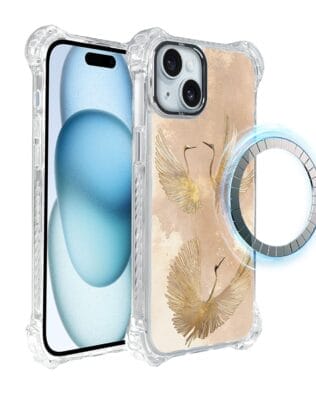 Etui iPhone 15 IBIZU DropGuard Ultra z MagSafe, Boho, Złote żurawie