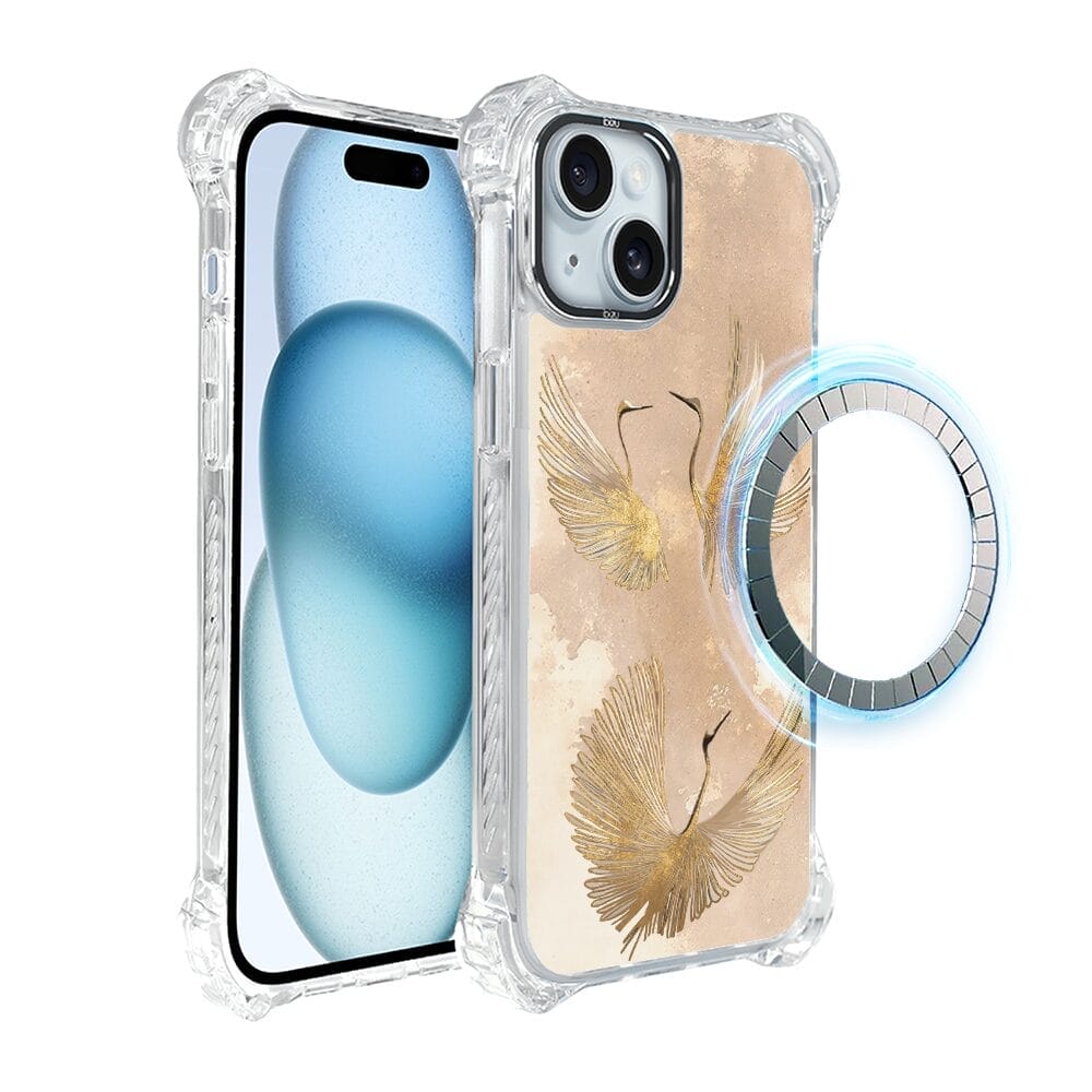 Etui iPhone 15 IBIZU DropGuard Ultra z MagSafe, Boho, Złote żurawie