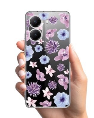 Etui do Xiaomi POCO X7 Pro przeźroczyste, silikonowe Flexi, kwiatki niebieskie, fioletowe
