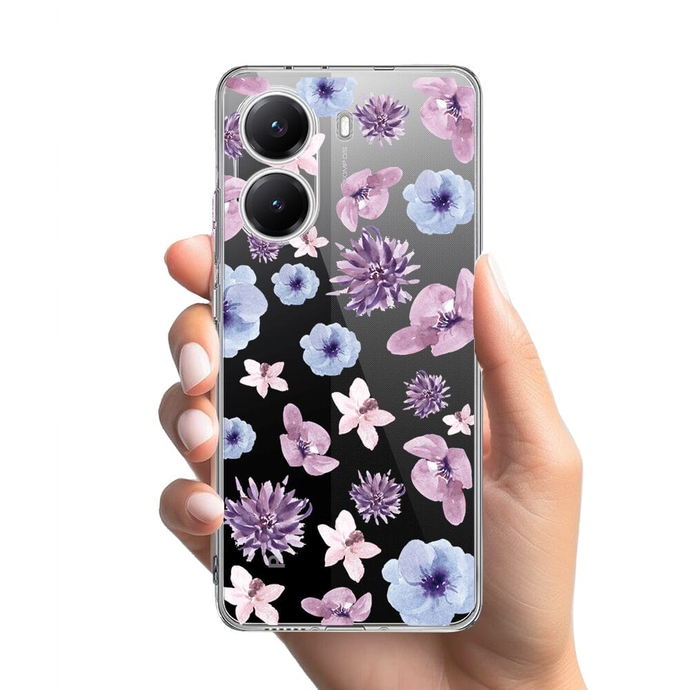 Etui do Xiaomi POCO X7 Pro przeźroczyste, silikonowe Flexi, kwiatki niebieskie, fioletowe - obrazek 2