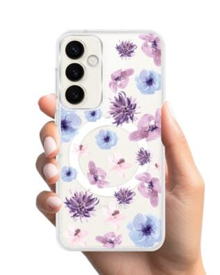 Etui do Samsung Galaxy S23 Plus z MagSafe przeźroczyste, silikonowe Flexi, kwiatki niebieskie, fioletowe