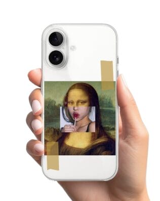 Etui do iPhone 16 przeźroczyste, silikonowe Flexi, Mona Lisa z lizakiem