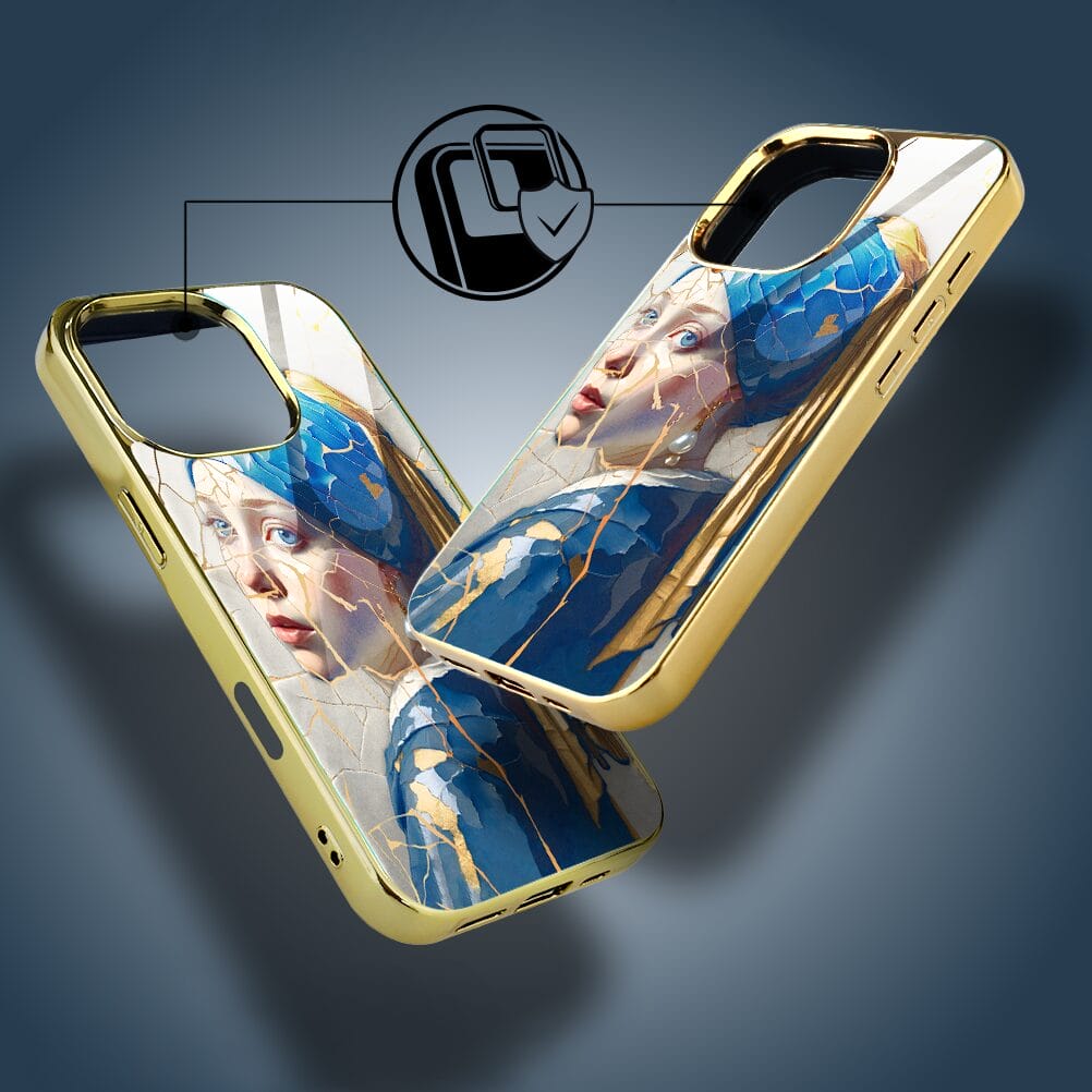 Etui do iPhone 16 Pro IBIZU Elite Glass z MagSafe, Kintsugi Art, kobieta z perłą, złote - obrazek 6