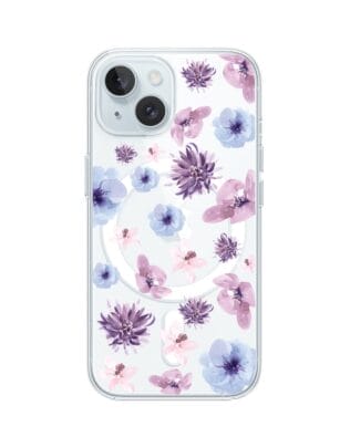 Etui do iPhone 15 Plus z MagSafe przeźroczyste, silikonowe Flexi, kwiatki niebieskie, fioletowe