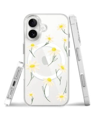 Etui do iPhone 16 z MagSafe przeźroczyste, silikonowe Flexi, stokrotki