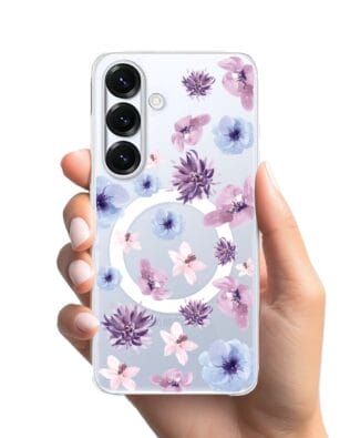 Etui do Samsung Galaxy S25 Plus z MagSafe przeźroczyste, silikonowe Flexi, kwiatki niebieskie, fioletowe