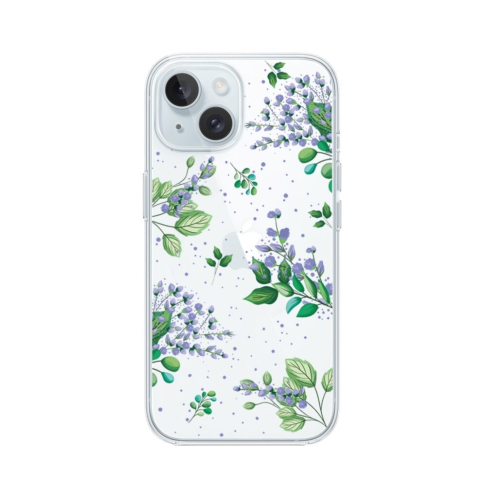 Etui do iPhone 15 przeźroczyste, silikonowe Flexi, fioletowe kwiatki