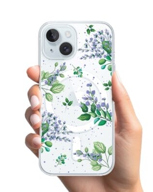 Etui do iPhone 15 Plus z MagSafe przeźroczyste, silikonowe Flexi, fioletowe kwiatki