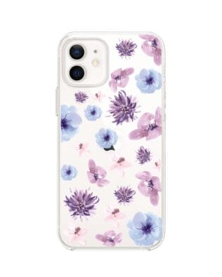 Etui do iPhone 12 przeźroczyste, silikonowe Flexi, kwiatki niebieskie, fioletowe