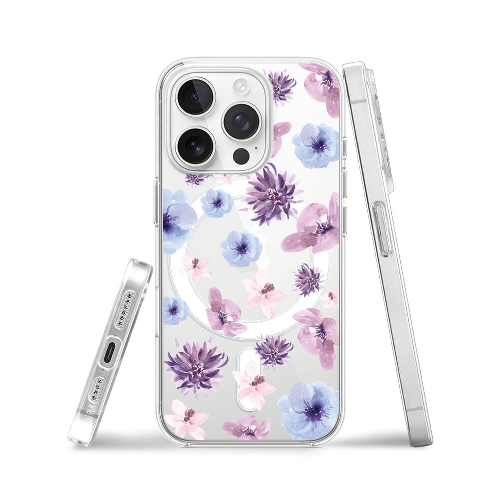 Etui do iPhone 13 Pro z MagSafe przeźroczyste, silikonowe Flexi, kwiatki niebieskie, fioletowe - obrazek 3