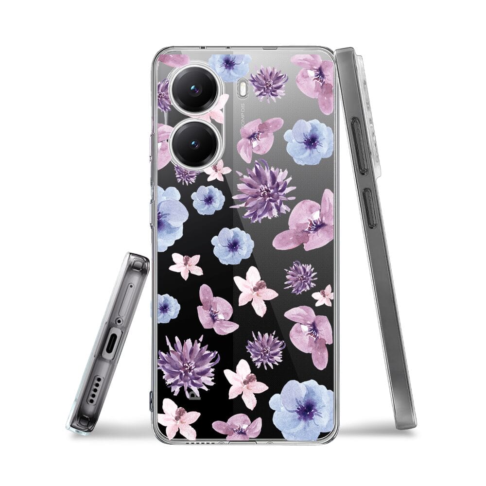 Etui do Xiaomi POCO X7 Pro przeźroczyste, silikonowe Flexi, kwiatki niebieskie, fioletowe - obrazek 3