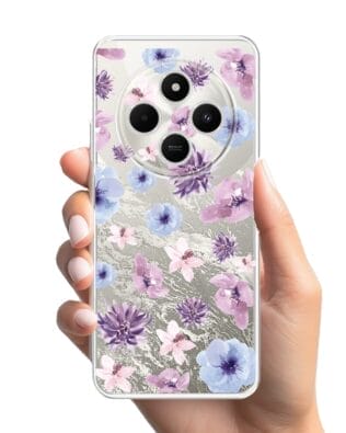 Etui do Xiaomi POCO C75 przeźroczyste, silikonowe Flexi, kwiatki niebieskie, fioletowe