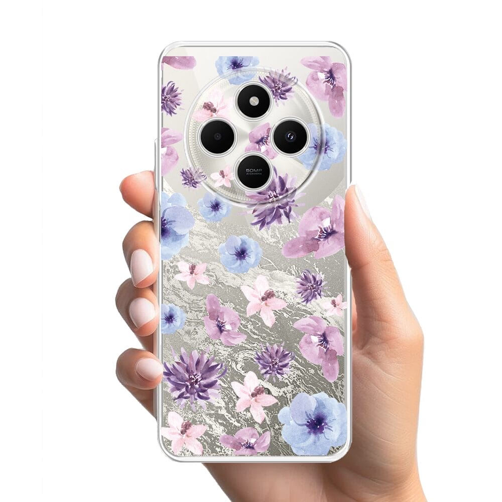 Etui do Xiaomi POCO C75 przeźroczyste, silikonowe Flexi, kwiatki niebieskie, fioletowe - obrazek 2