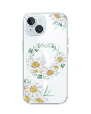 Etui do iPhone 15 Plus z MagSafe przeźroczyste, silikonowe Flexi, wianek stokrotek