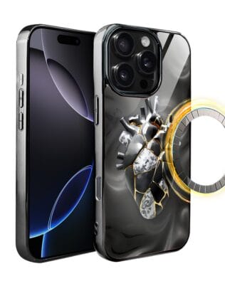 Etui do iPhone 16 Pro IBIZU Elite Glass z MagSafe, Kintsugi Art, porcelanowe serce, czarne