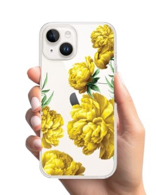 Etui do iPhone 13 Mini przeźroczyste, silikonowe Flexi, żółte piwonie