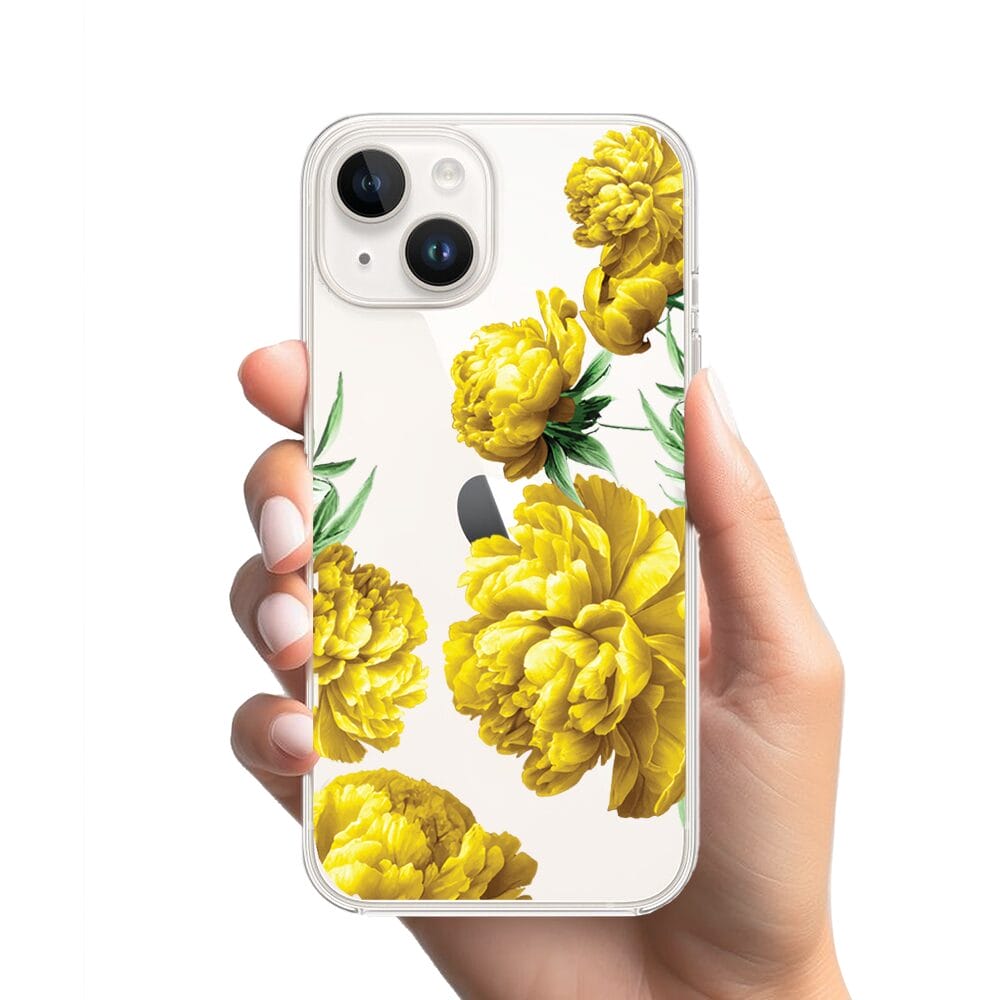 Etui do iPhone 13 Mini przeźroczyste, silikonowe Flexi, żółte piwonie - obrazek 2