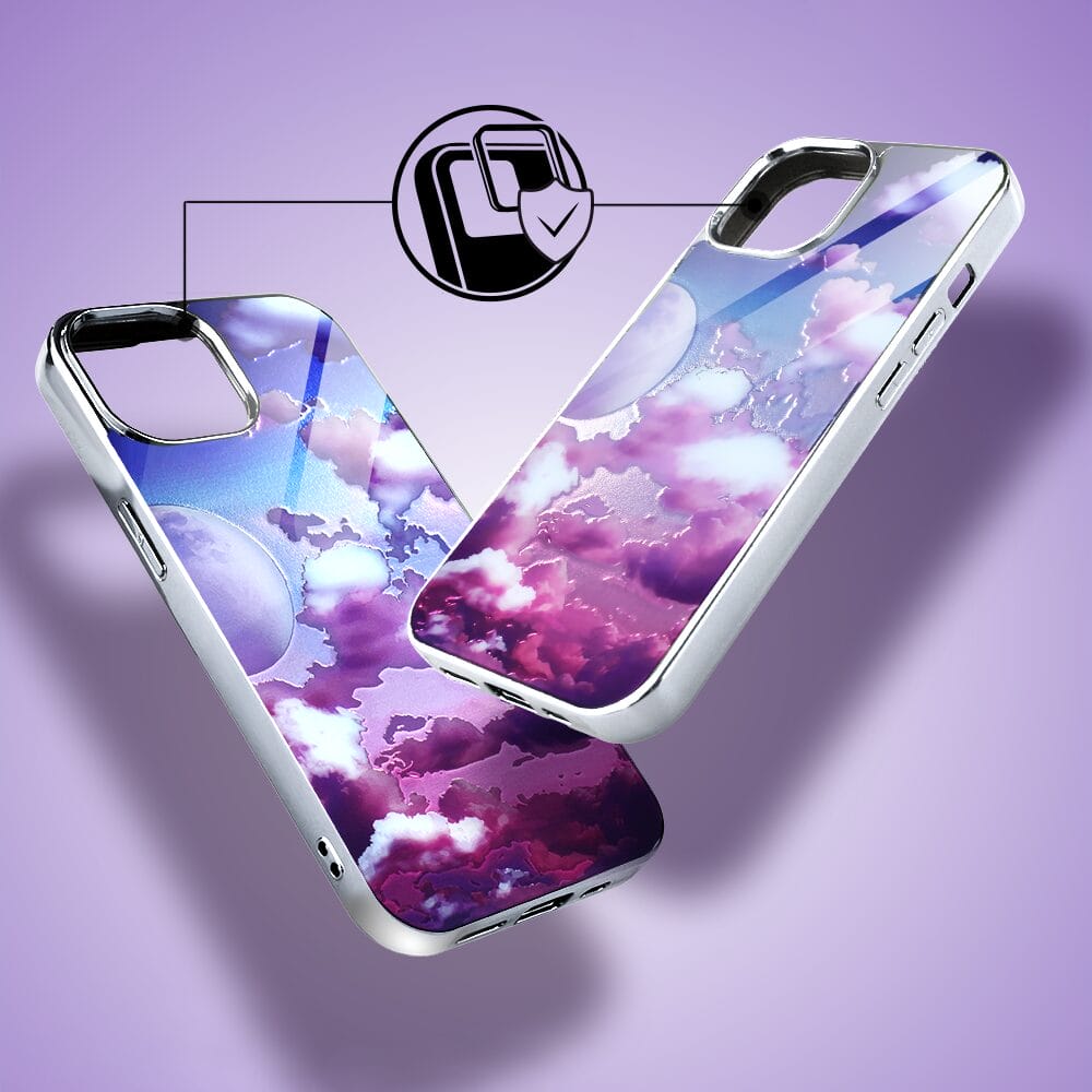 Etui do iPhone 15 IBIZU Elite Glass, szklany tył, chmurki i księżyc, srebrne - obrazek 4