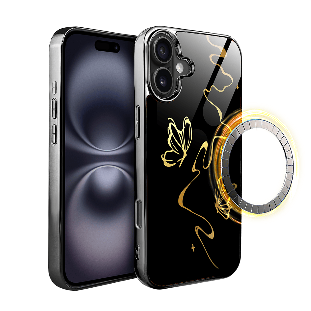 Etui do iPhone 16 IBIZU Elite Glass z MagSafe Golden Midnight, Efekt motyla, czarne