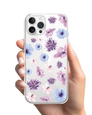 Etui do iPhone 12 Pro przeźroczyste, silikonowe Flexi, kwiatki niebieskie, fioletowe